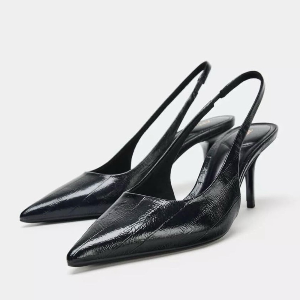 New ZARA black Embossed Slingback Heels pointed toe size 39  3” heel